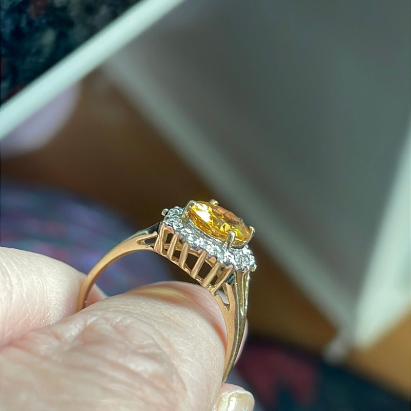 Citrine Diamond Halo Ring - 10k Gold - Vintage