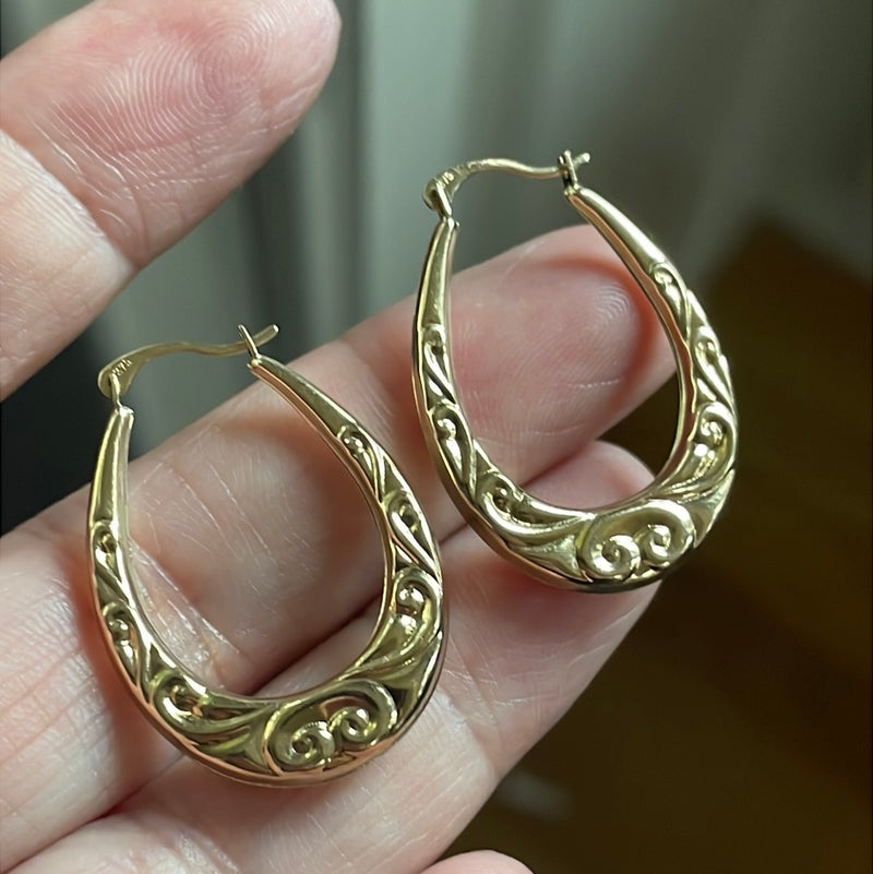 Large Oval Flourish Hoop Earrings - 9k Gold - Vintage