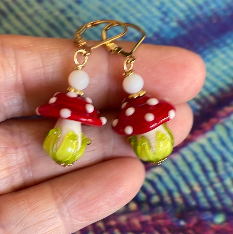 Mushroom Earrings - Opal Glass - Gold Filled - Handmade