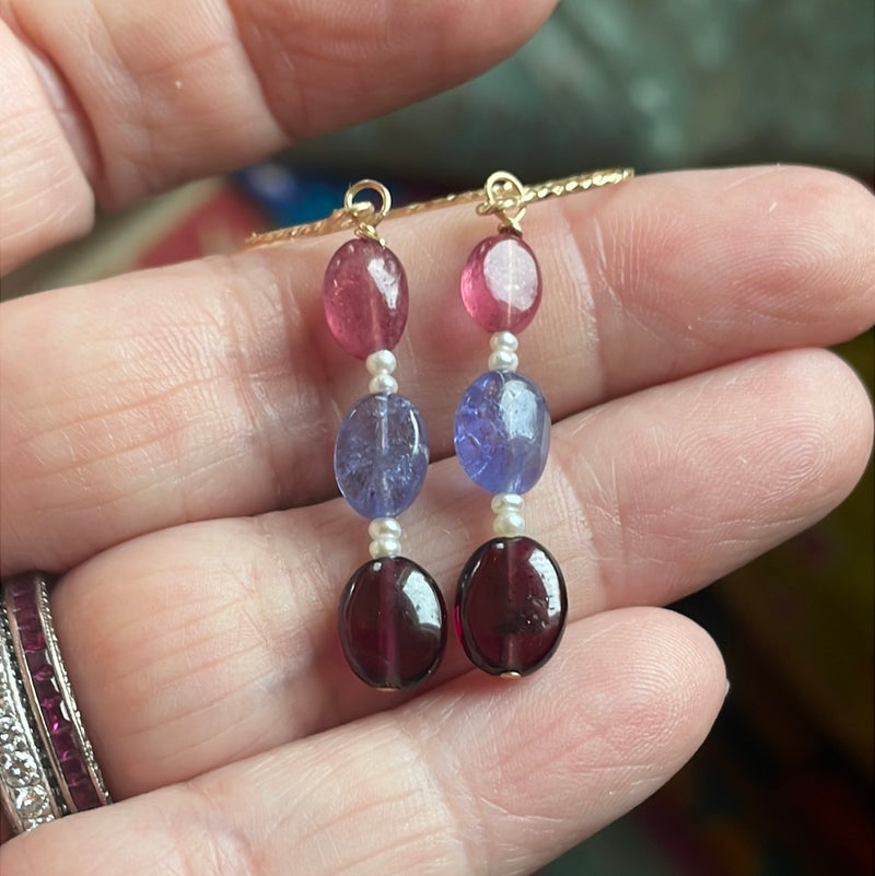 Sapphire, Garnet and Tanzanite Drop Earrings - Seed Pearl - Gold Filled - Handmade