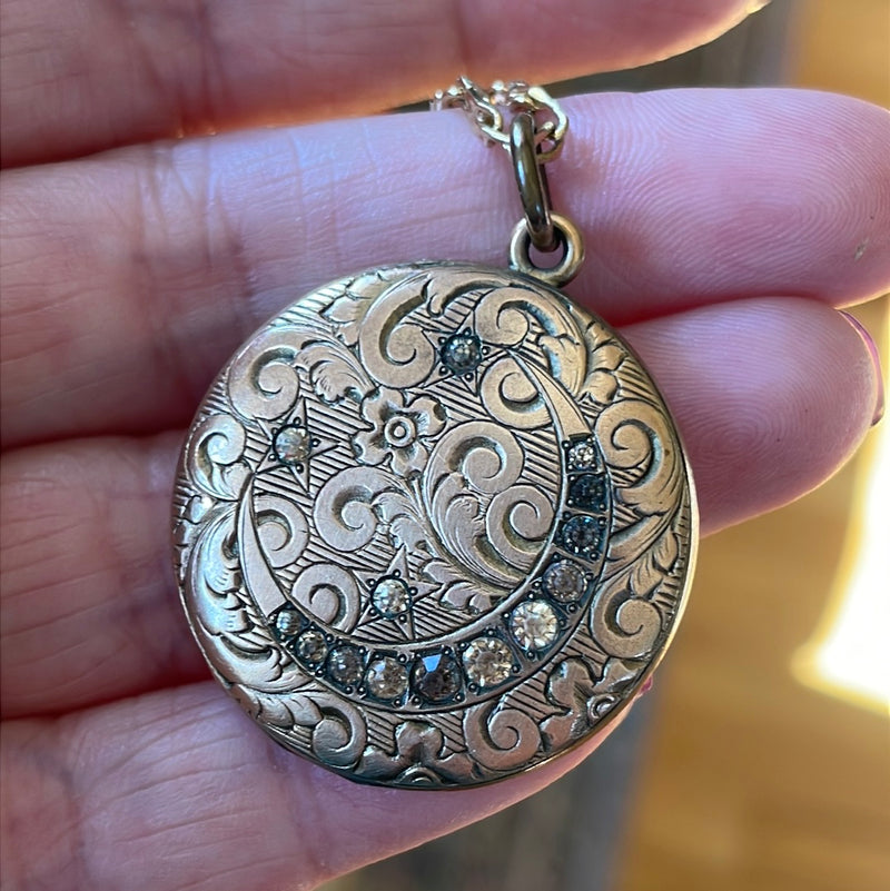 Engraved Moon Star Locket - Gold Filled - Victorian - Star Chain - Antique