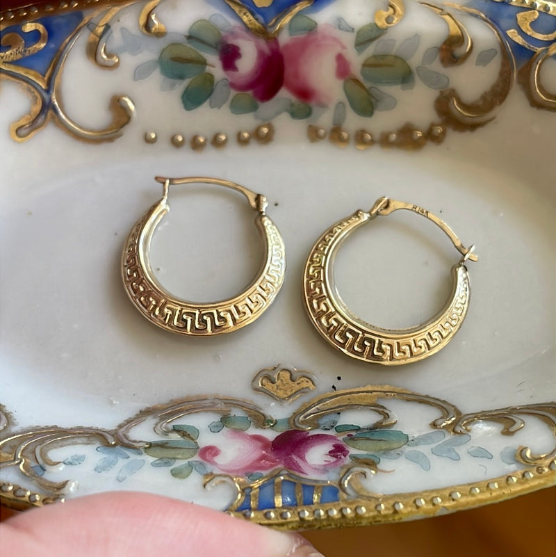 Greek Key Hoop Earrings - 14k Gold - Vintage