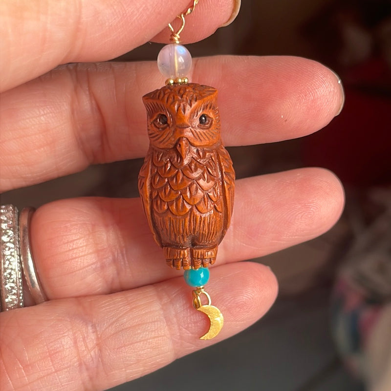 Carved Owl Pendant - Netsuke - Moon Drop, Turquoise and Moonstone - Gold filled findings