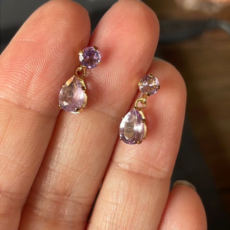 Amethyst Drop Earrings - Rose de France - 14k Gold - Vintage