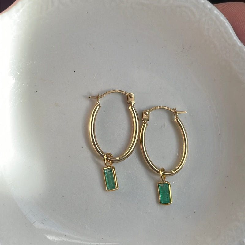 Emerald Oval Hoop Drop Earrings - 14k Gold Hoops and 18k Gold Drops - Vintage