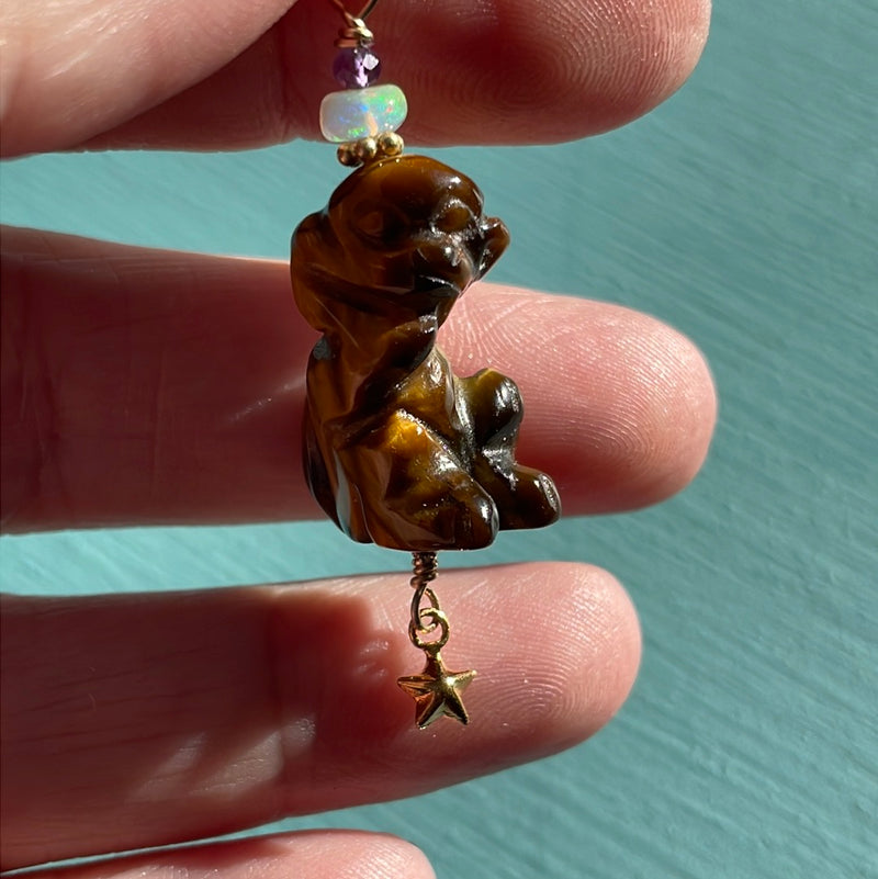 Carved Monkey Pendant - Tiger’s Eye - Opal and Iolite - Gold Filled - Handmade
