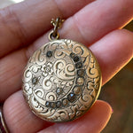 Engraved Moon Star Locket - Gold Filled - Victorian - Star Chain - Antique