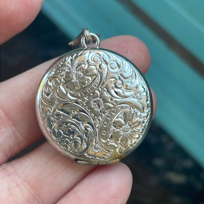 Engraved Flower Locket - Sterling Silver - Vintage