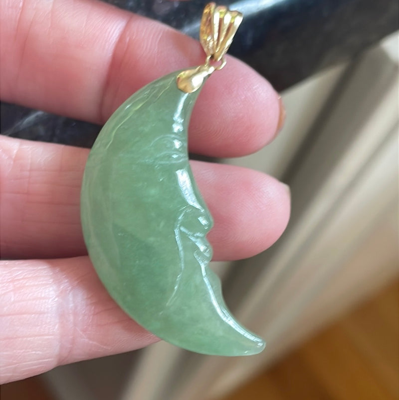 Carved Jade Moon Pendant - 14k Gold - Vintage