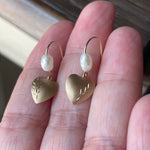 Engraved Heart Drop Earrings - Pearl - 14k Gold - Vintage