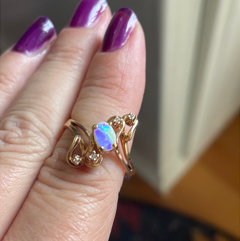 Opal Diamond Flourish Ring - 10k Gold - Vintage