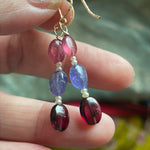 Sapphire, Garnet and Tanzanite Drop Earrings - Seed Pearl - Gold Filled - Handmade