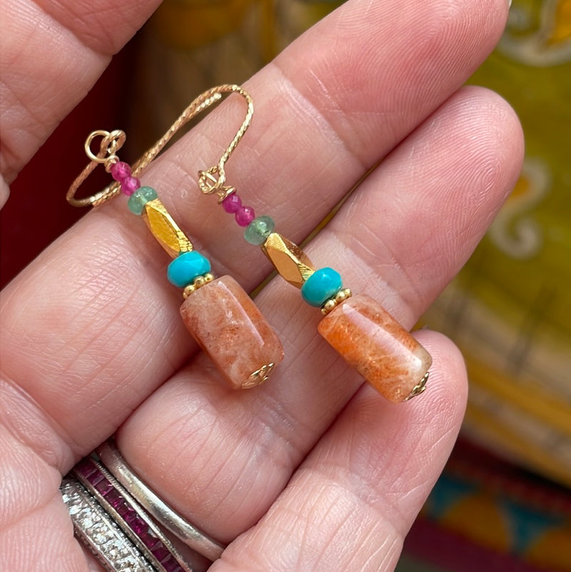 Sunstone, Turquoise, Emerald and Ruby Earrings - Gold Filled - Handmade