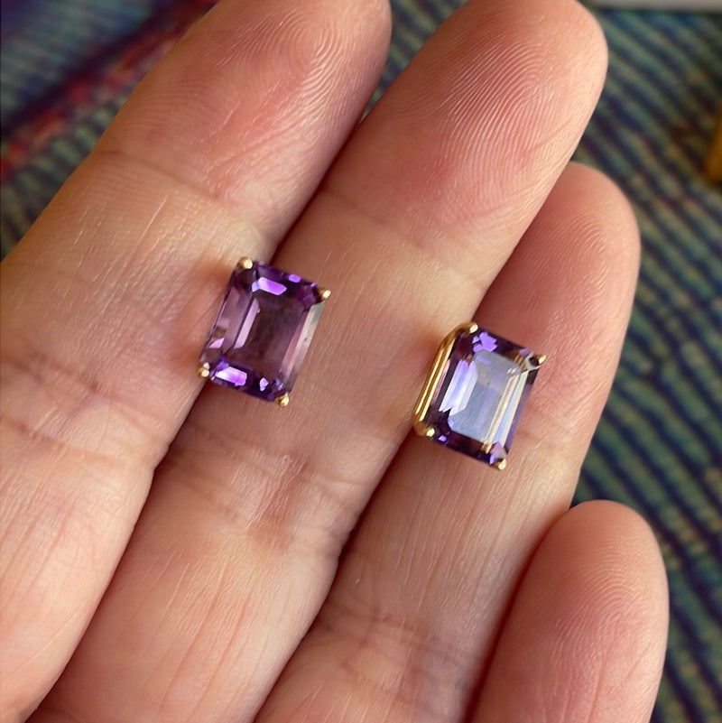 Amethyst Earrings - Emerald Cut - 14k Gold - Vintage