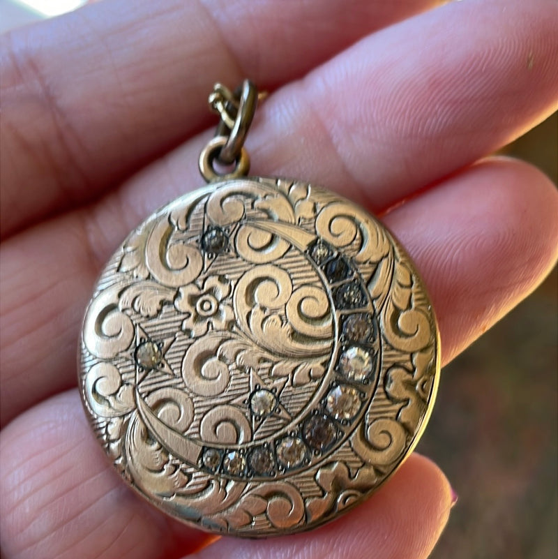 Engraved Moon Star Locket - Gold Filled - Victorian - Star Chain - Antique