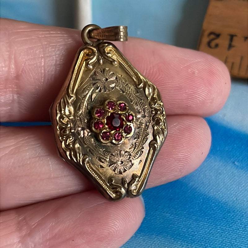 Red Paste Nouveau Locket - Gold Filled - Antique