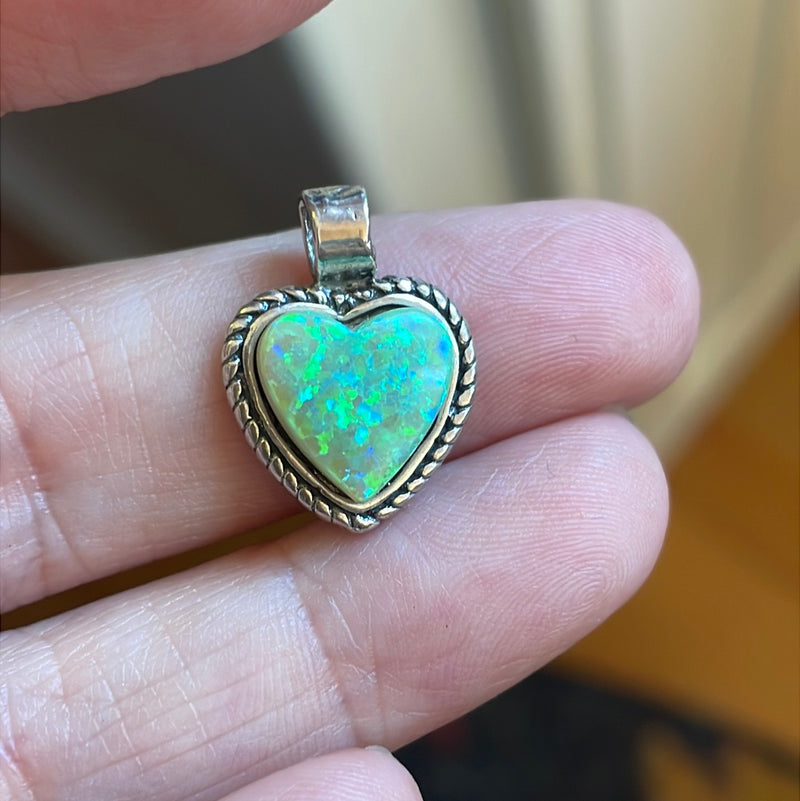 Opal Heart Pendant - Sterling Silver - Native American - Vintage