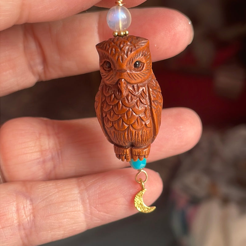 Carved Owl Pendant - Netsuke - Moon Drop, Turquoise and Moonstone - Gold filled findings