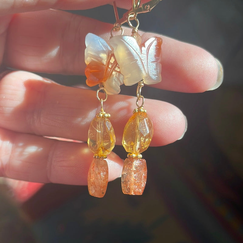 Butterfly Earrings - Citrine, Carnelian and Sunstone - Gold Filled - Handmade