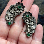 Green Paste Flower Earrings - Sterling Silver - Vintage