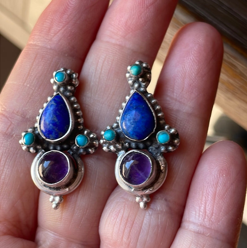 Lapis Turquoise Amethyst Earrings - Sterling Silver - Vintage