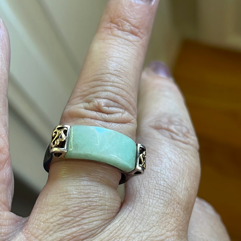 Jade Saddle Ring - Sterling Silver 14k Gold - Vintage