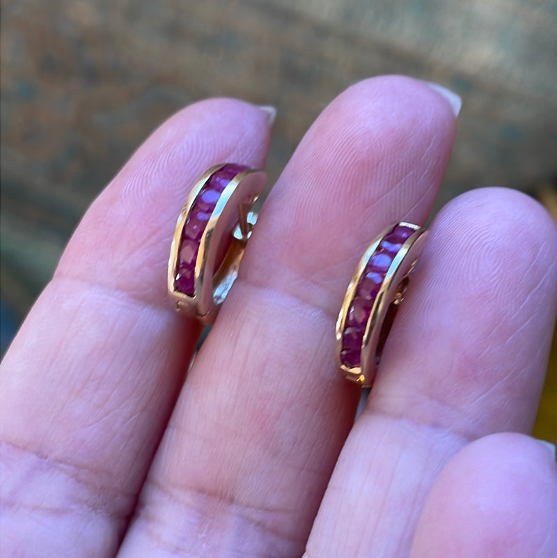 Ruby Huggie Hoop Earrings - 10k Gold - Vintage