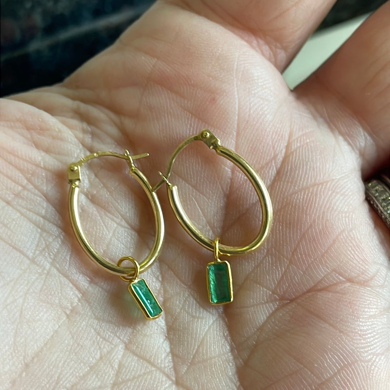 Emerald Oval Hoop Drop Earrings - 14k Gold Hoops and 18k Gold Drops - Vintage