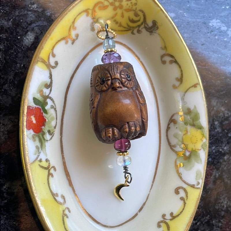 Carved Owl Pendant - Netsuke - Moonstone, Garnet, Amethyst and Fluorite - Gold Filled Moon - Sterling and Gold filled findings