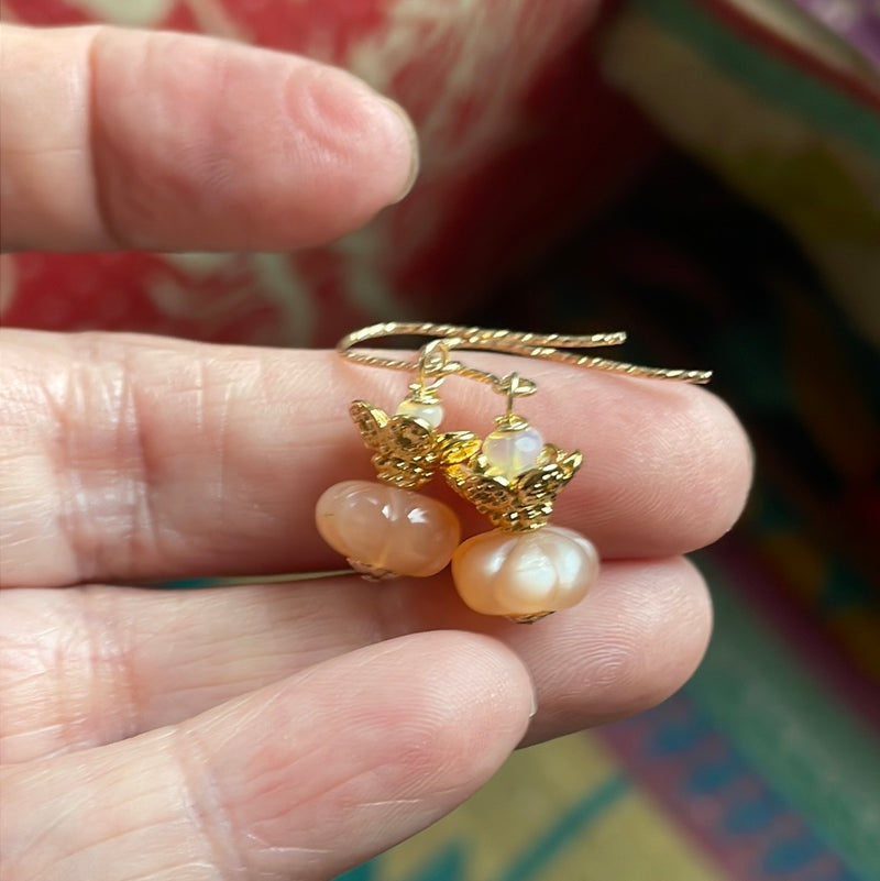 Peach Moonstone Pumpkin Earrings - Opal - Vermeil - Gold Filled - Handmade