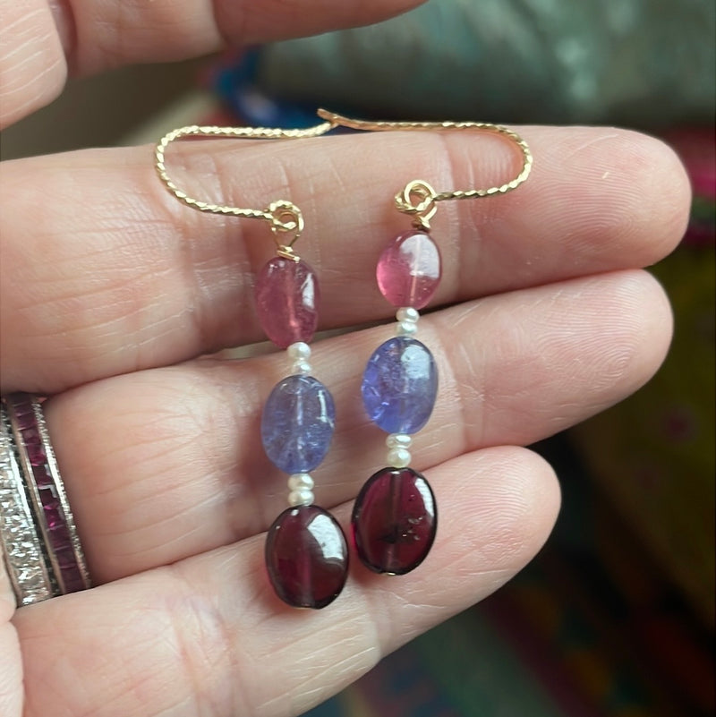 Sapphire, Garnet and Tanzanite Drop Earrings - Seed Pearl - Gold Filled - Handmade