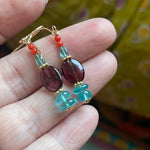 Garnet, Apatite, Indicolite and Coral Earrings - Gold Filled - Handmade