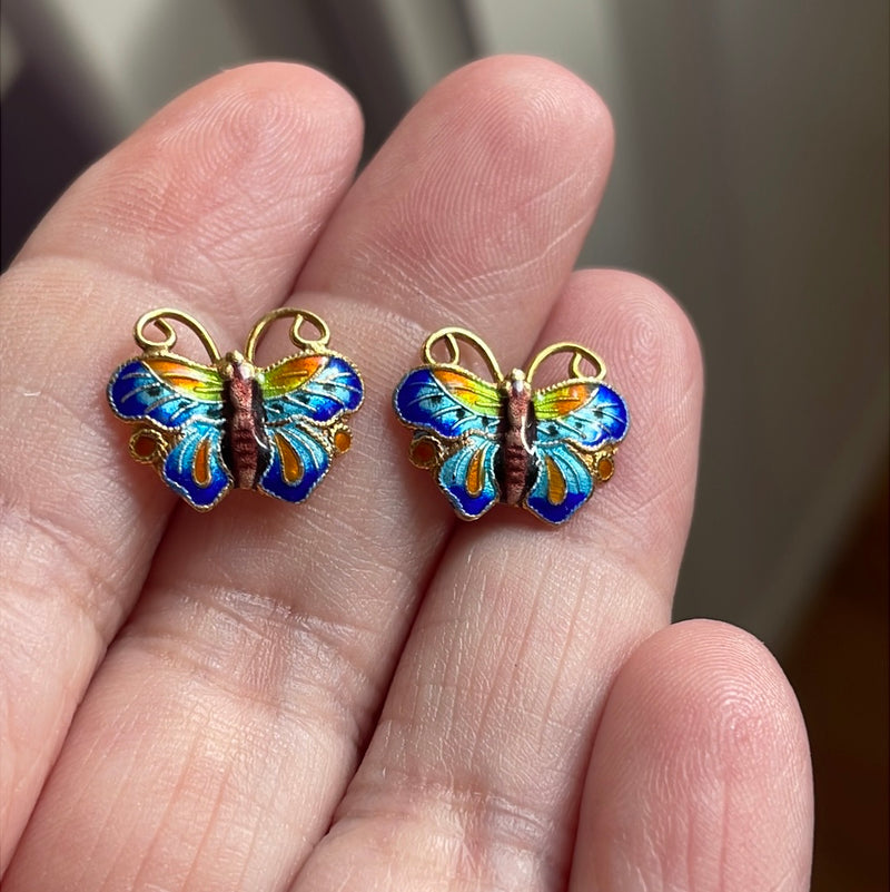 Enamel Butterfly Stud Earrings - Vermeil - Sterling Silver - Vintage