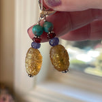 Carved Citrine Earrings - Turquoise, Garnet and Tanzanite - Sterling Silver - Vintage