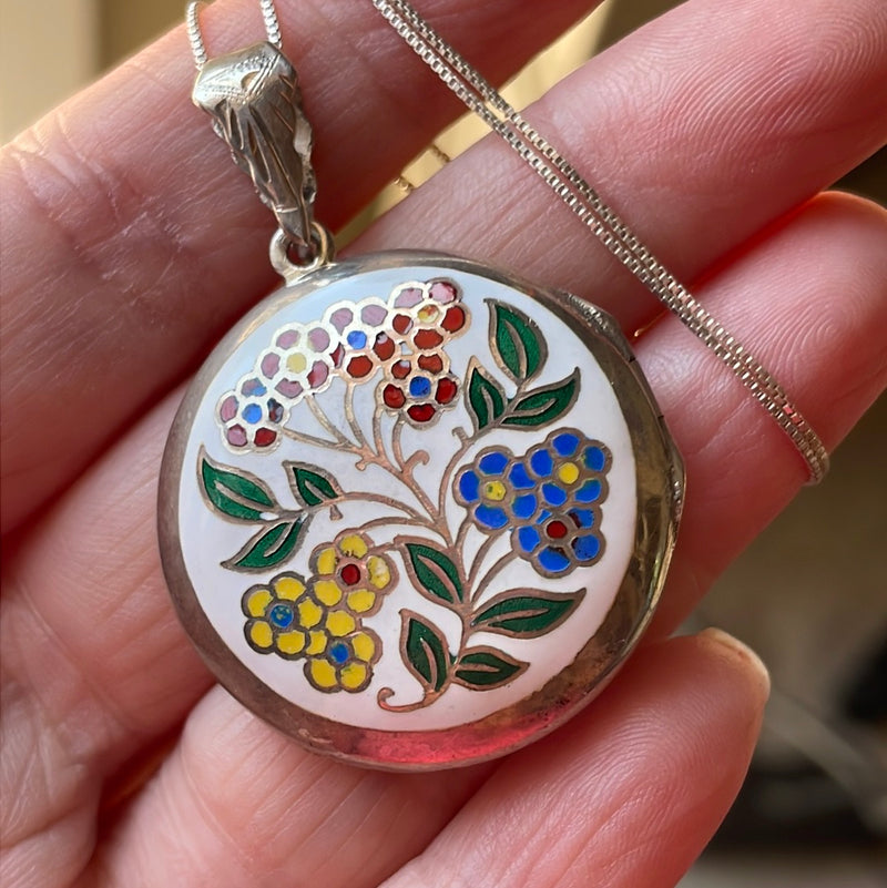 Enamel Sterling Flower Locket - Vintage