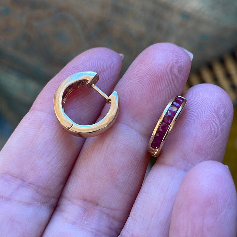 Ruby Huggie Hoop Earrings - 10k Gold - Vintage