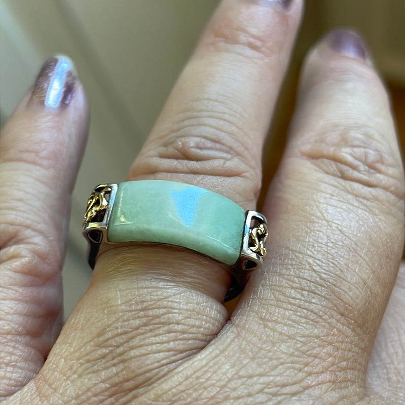 Jade Saddle Ring - Sterling Silver 14k Gold - Vintage