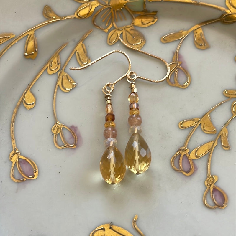 Autumnal Earrings - Citrine, Opal, Peach Moonstone, Yellow Sapphire and Topaz - Gold Filled - Handmade