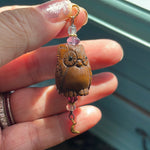 Carved Owl Pendant - Netsuke - Moonstone, Garnet, Amethyst and Fluorite - Gold Filled Moon - Sterling and Gold filled findings