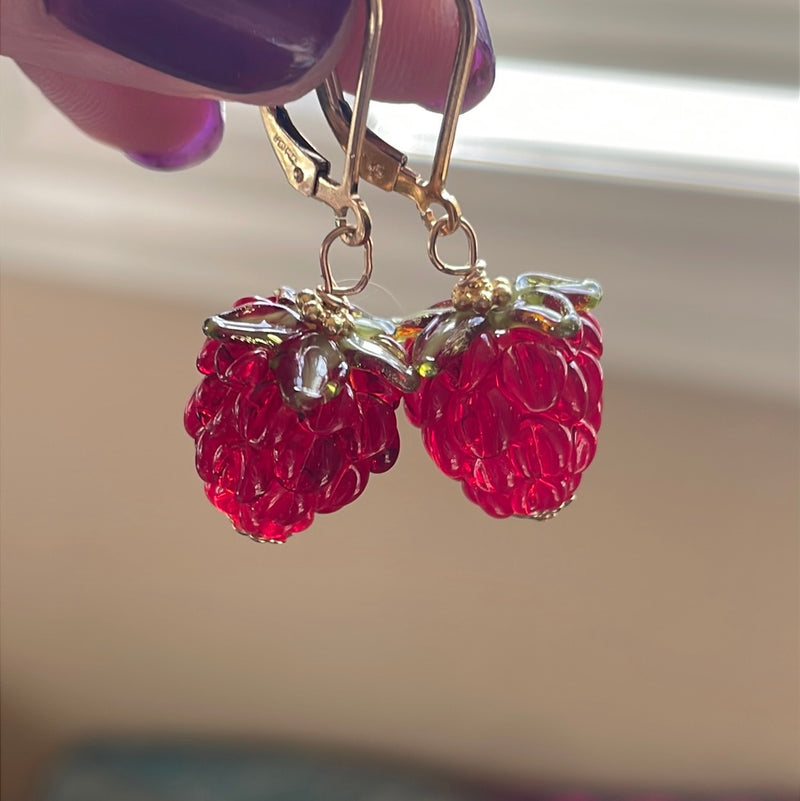 Ruby Glass Berry Earrings - Gold Filled - Handmade