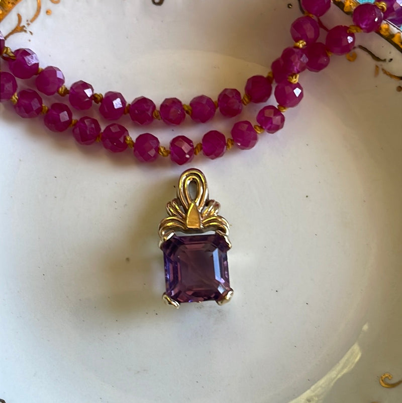 Ornate Amethyst Pendant - Square Cut - 14k Gold - Vintage