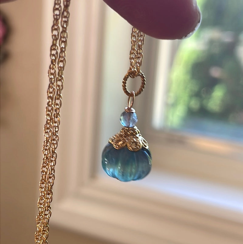 Carved Fluorite Pumpkin Necklace - Gold Filled - Handmade