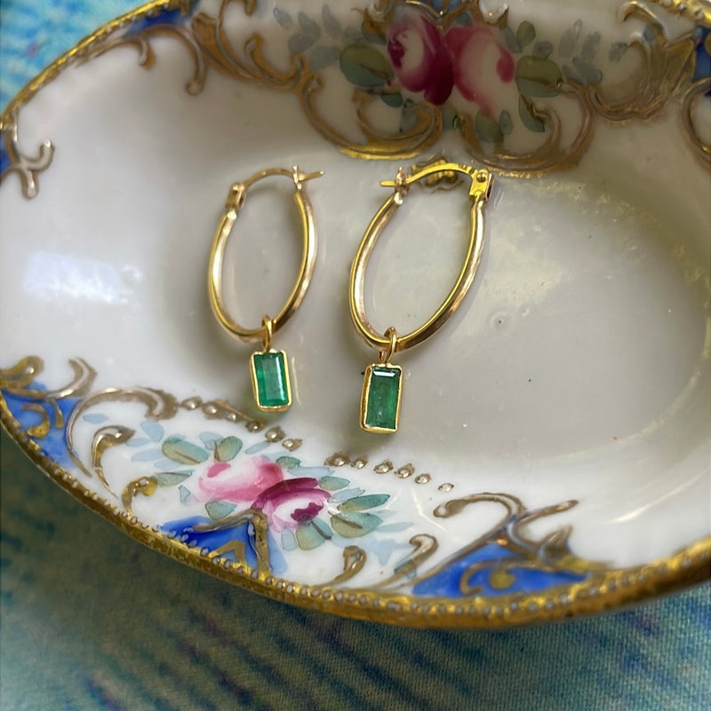 Emerald Oval Hoop Drop Earrings - 14k Gold Hoops and 18k Gold Drops - Vintage