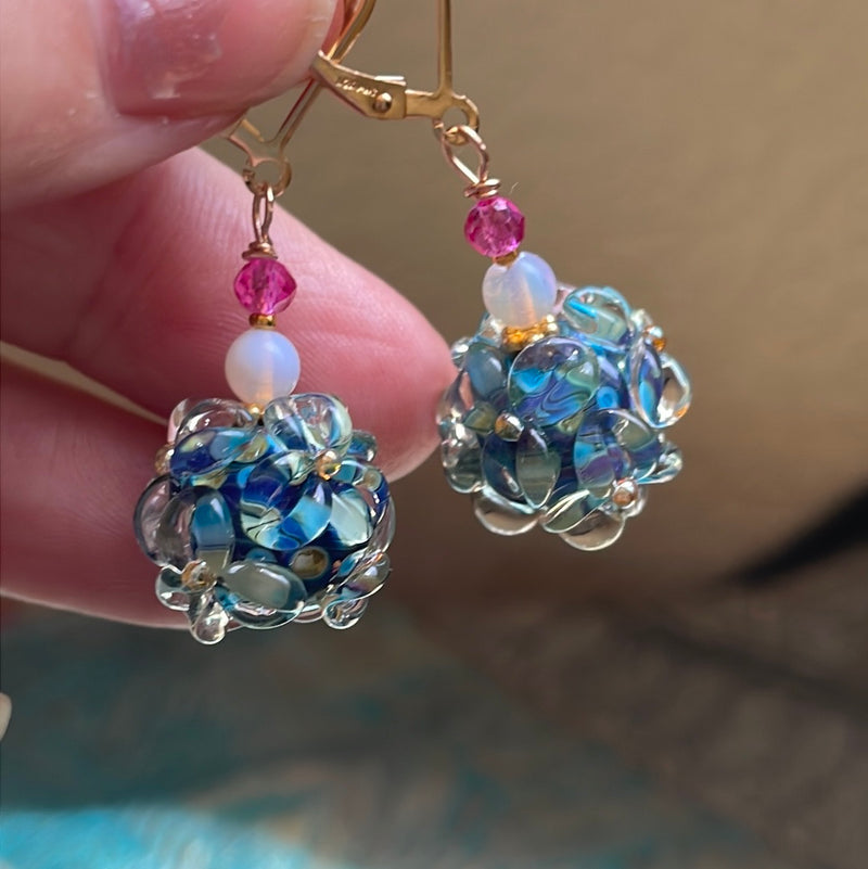 Floral Glass Earrings - Opal Glass - Gold Filled - Handmade