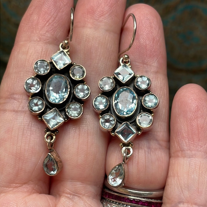 Blue Topaz Cluster Earrings - Sterling Silver - Vintage