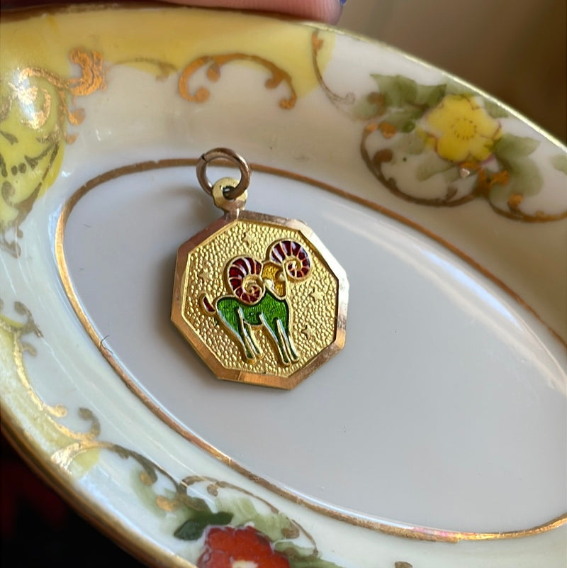 Aries Ram Zodiac Pendant - Enamel - 9k Gold - Vintage