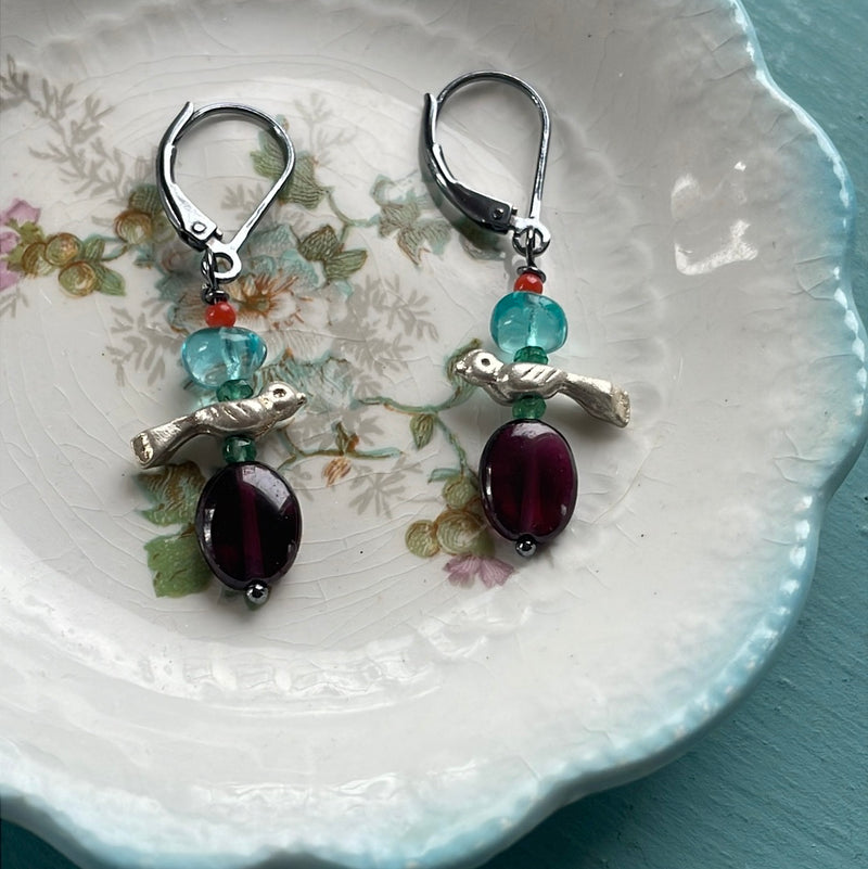 Bird Earrings - Garnet, Emerald, Apatite and Coral - Sterling Silver - Handmade