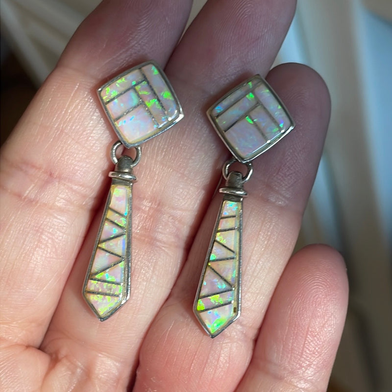 Opal Inlay Earrings - Sterling Silver - Vintage