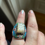 Carved Mother of Pearl Ring - Enamel - Sterling Silver - Vintage