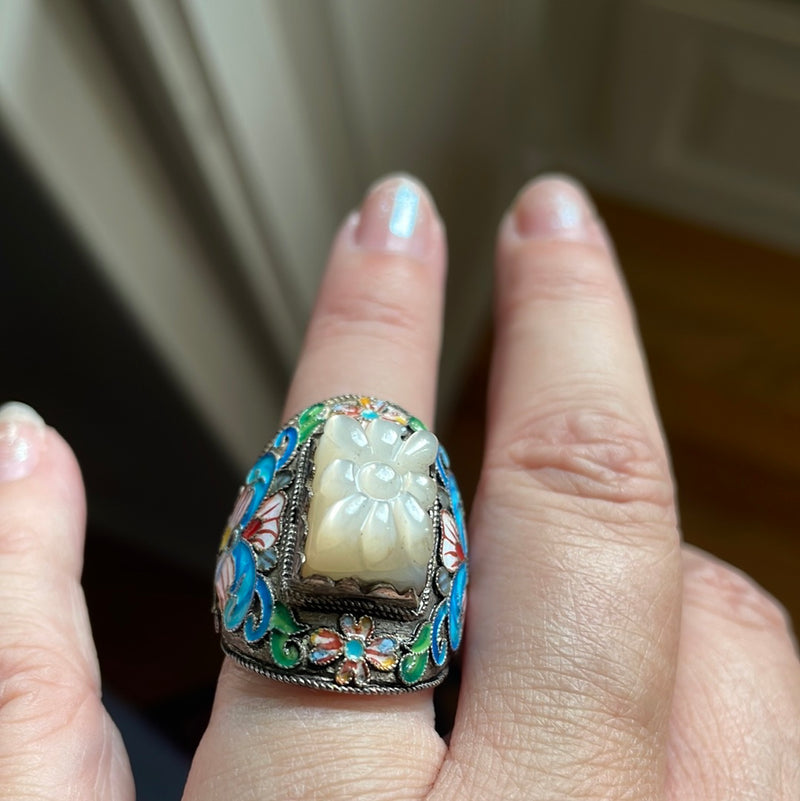 Carved Mother of Pearl Ring - Enamel - Sterling Silver - Vintage